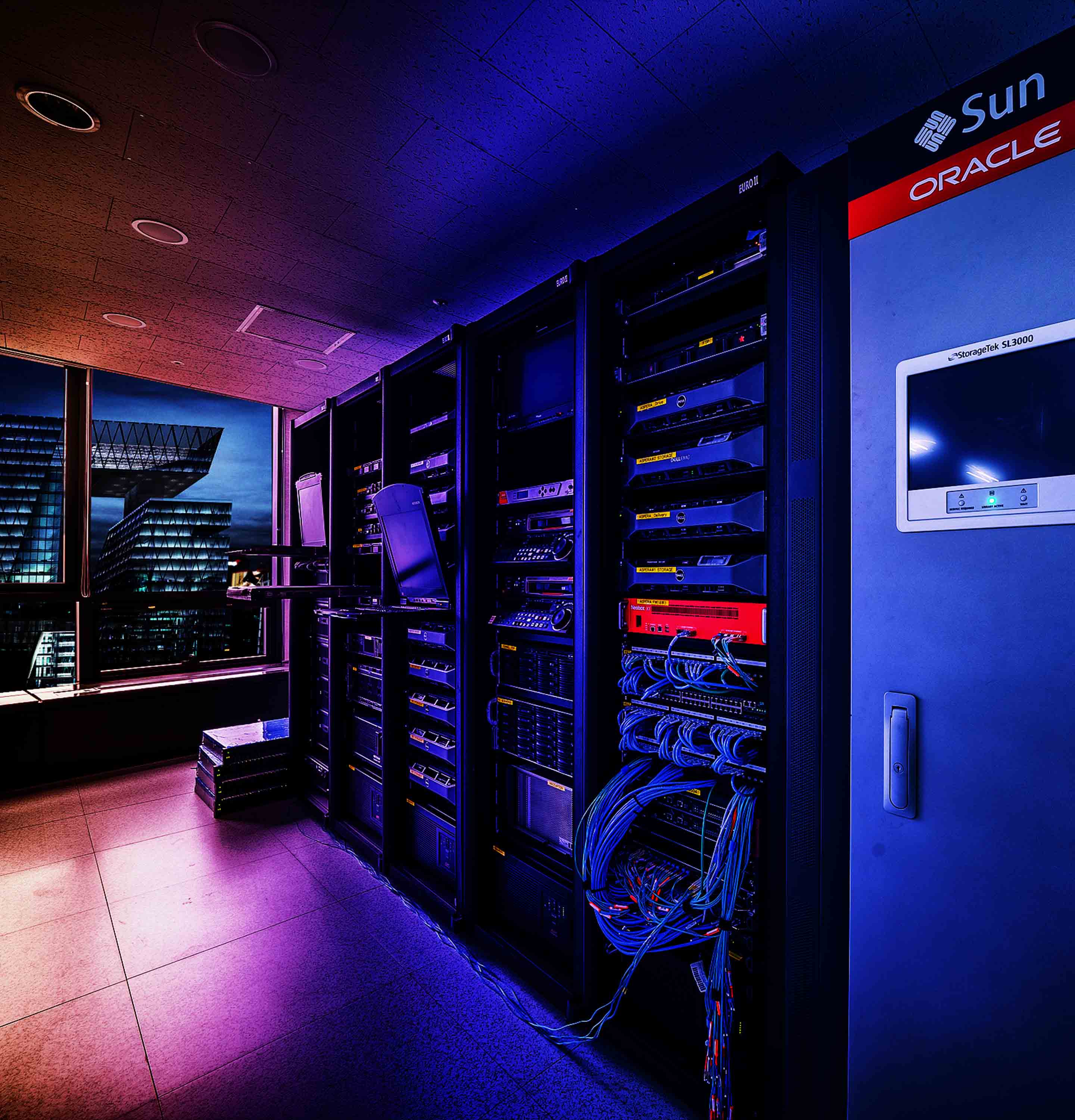 data center, night time, data security, data storage, office building