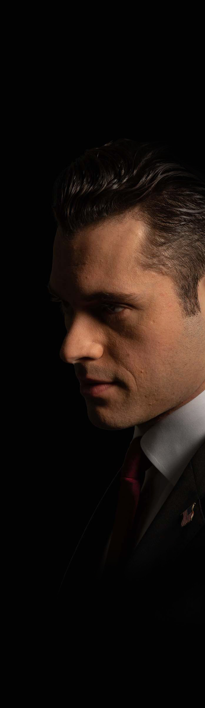 man, up close, eyes, nose, hair line, clean cut, brown hair, serious face, side profile