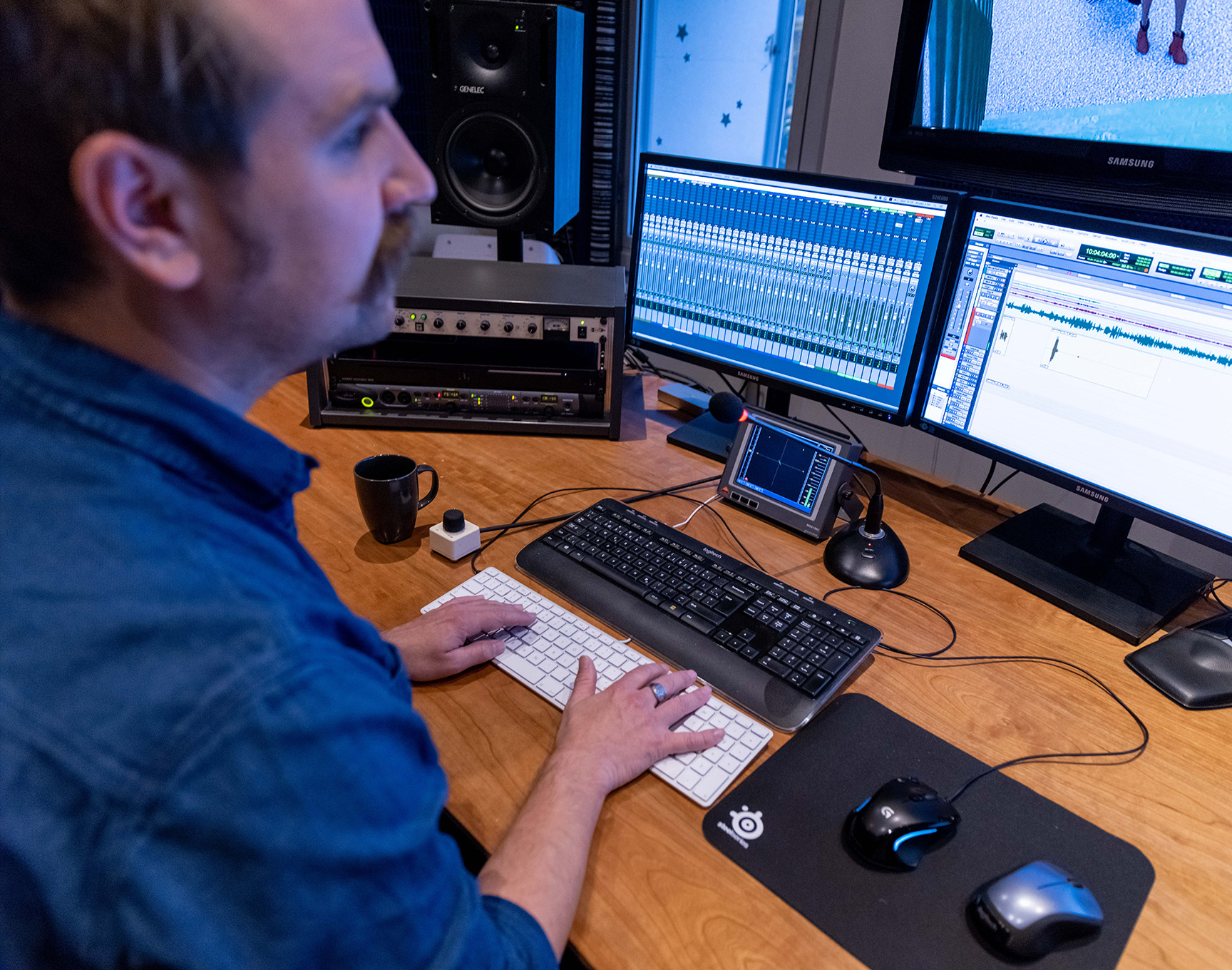 studio director, man sitting at desk, computer screens