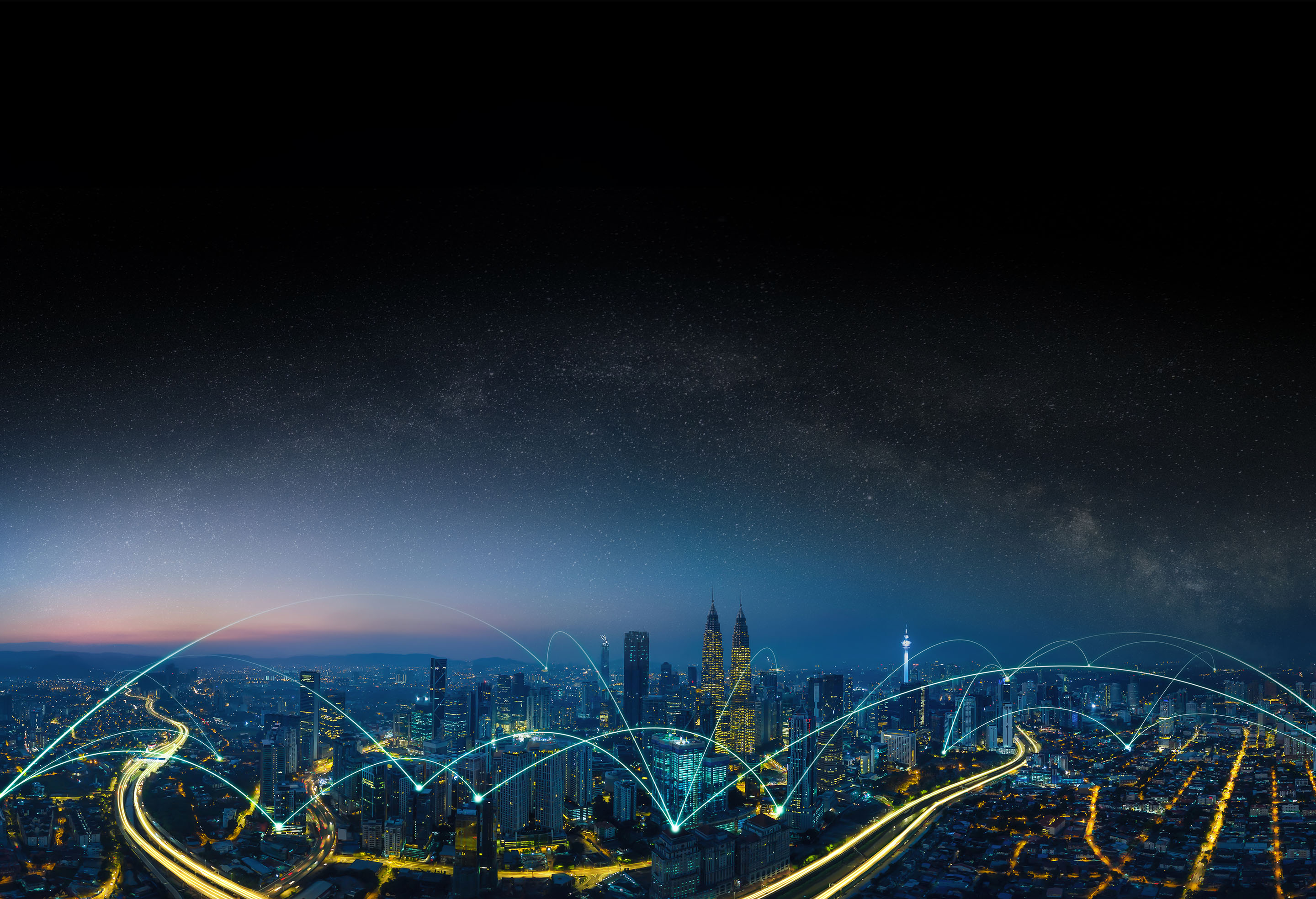 night time, outside, tall buildings, stars